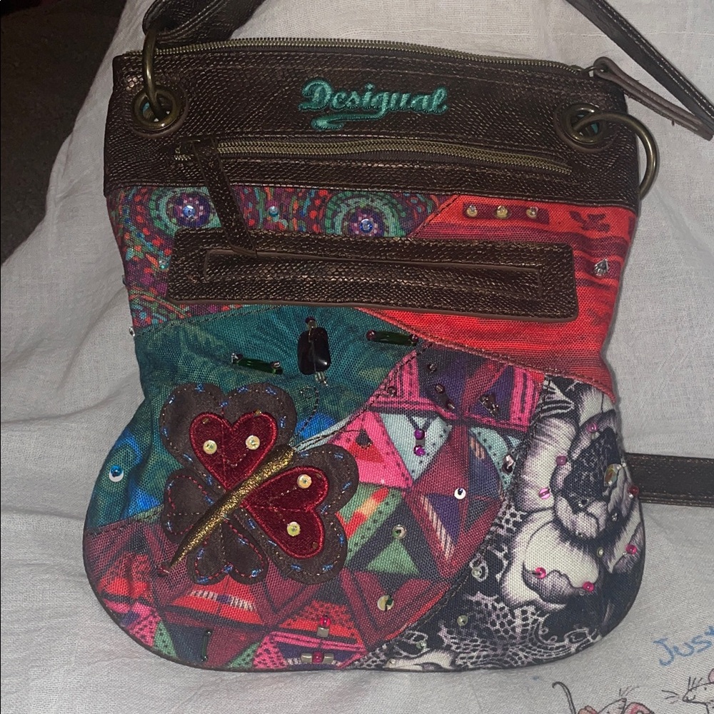 Desigual Colorful Patchwork Crossbody Bag 11” X 9 w/ added beads